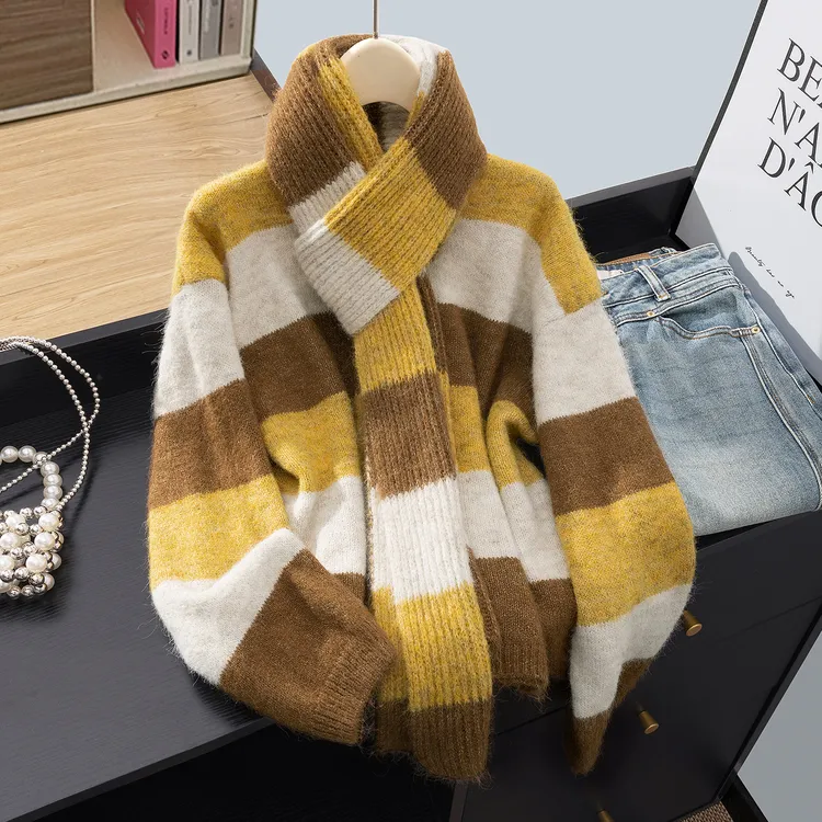 丝柏舍2025冬装新款绵羊毛女装撞色条纹宽松款长袖毛衣S54P0033M