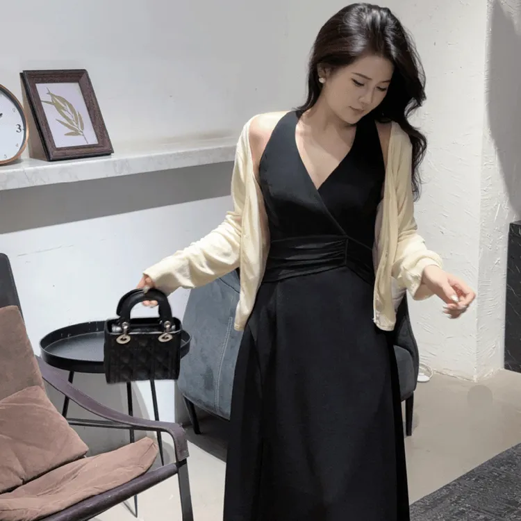 Y【棠棠】【两件套】2025新款黑色秋时尚长袖修身显瘦复古连衣裙1981