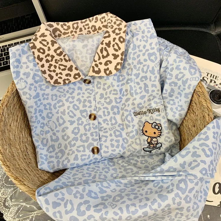 【长袖蓝豹纹KT猫】春秋季云朵绵翻领睡衣女两件套家居服小众套装