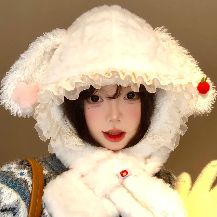 可爱蕾丝花边兔耳朵毛绒帽子围巾一体女冬季保暖防寒护耳雷锋帽子