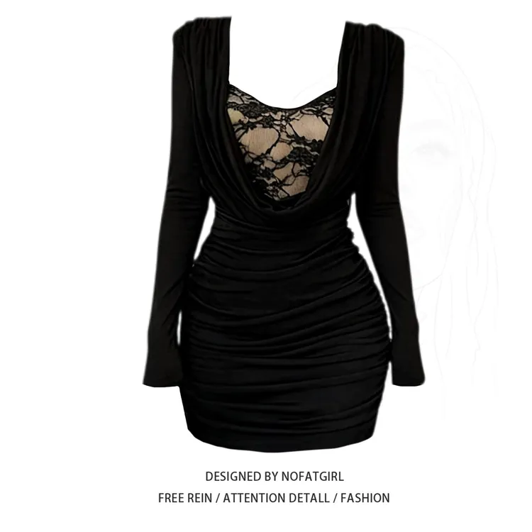 大码胖MM黑色蕾丝连衣裙女冬季新款荡领修身显瘦气质性感包臀裙子