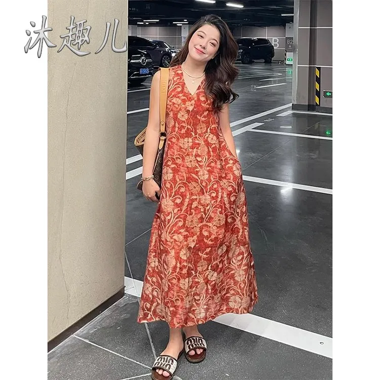 大码女装高级感印花V领无袖连衣裙夏季新款胖mm女生韩系ins衣服