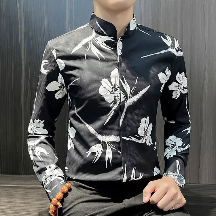 新中式立领衬衫男款爆款2025新款春秋商务休闲时尚印花男士衬衣