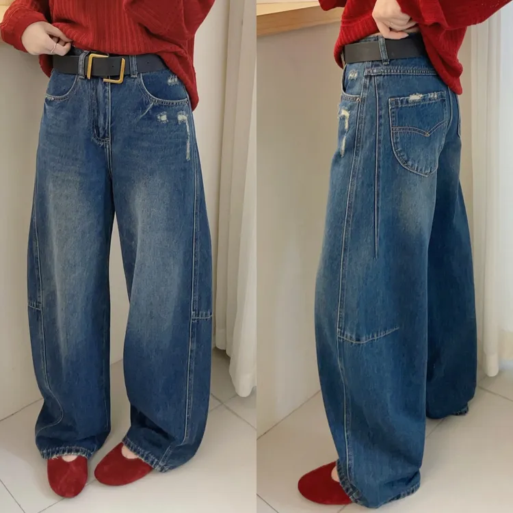 欧洲站秋季高腰复古做旧水洗磨破微跨侧后压线牛仔裤弯刀裤潮裤子