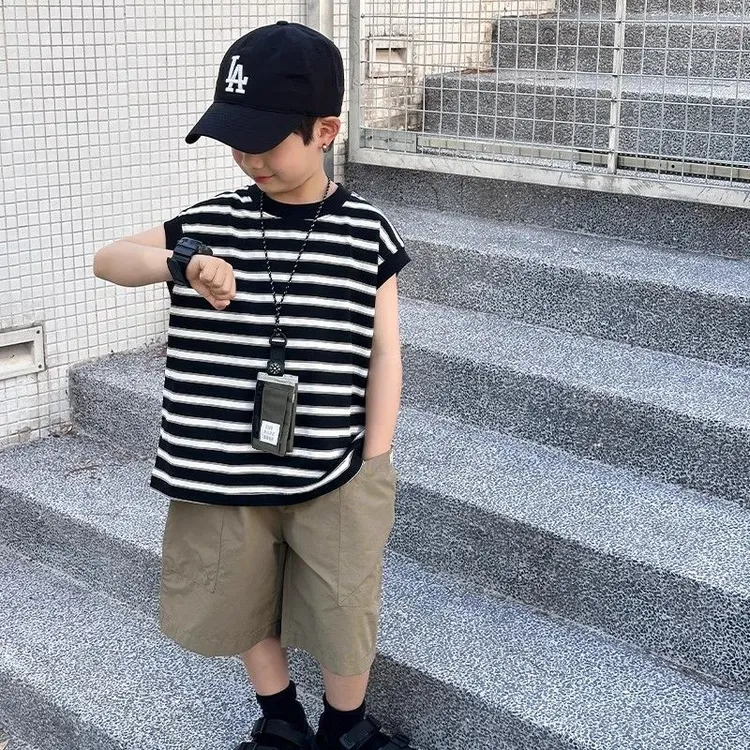 新款男童夏季纯棉卡通条纹短袖T恤宽松动漫休闲风格无袖背心上衣