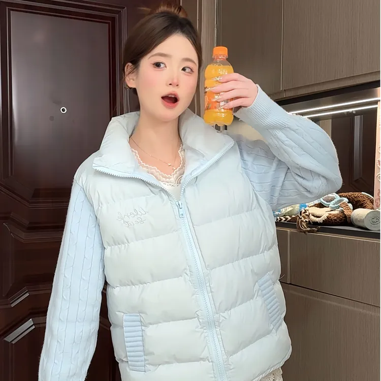 韩版温柔风蓝色麻花针织拼接设计棉服设计感字母刺绣薄款棉衣外套