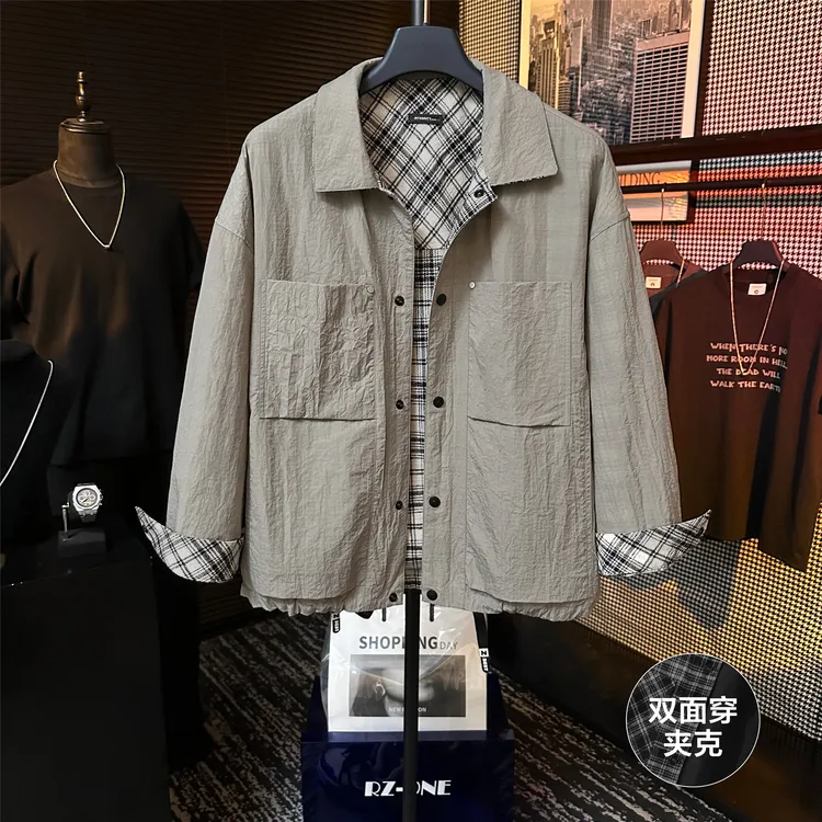 春季复古双面可穿冲锋衣高定痞帅休闲格子工装翻领夹克外套