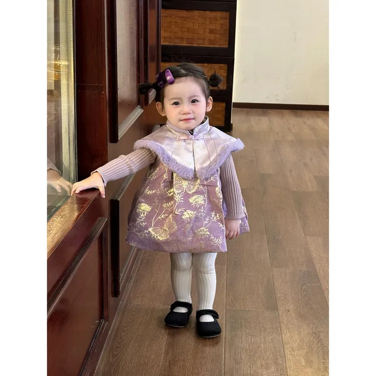 范哲萨女童唐装旗袍连衣裙秋冬装女宝宝新中式加绒背心裙公主