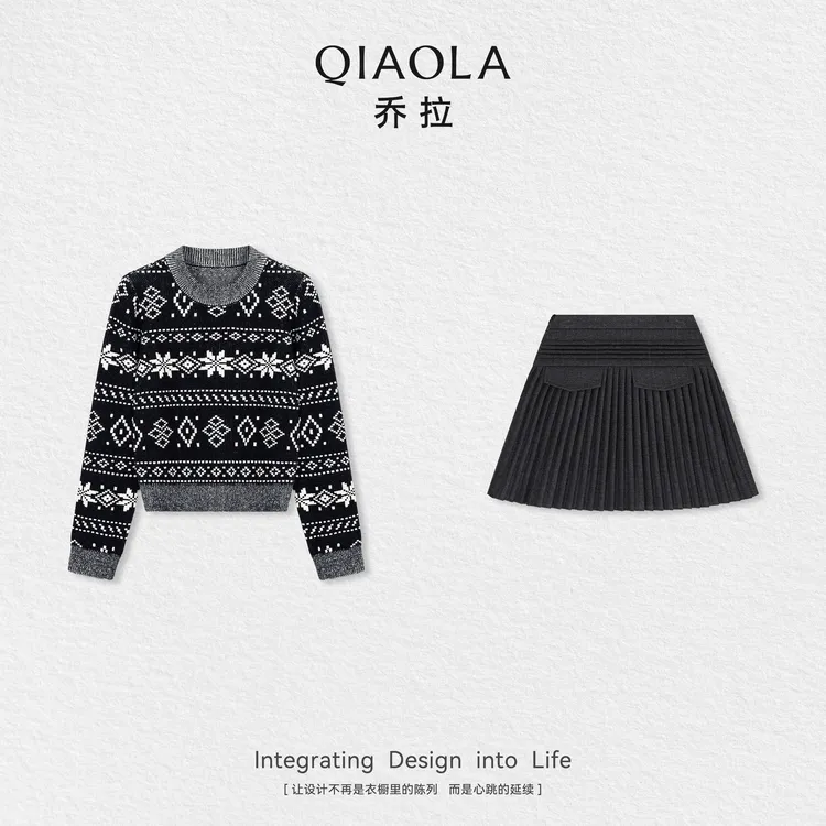 QIAOLA/乔拉【雪花回响】秋季羊毛圆领长袖气质感毛织上衣短裙预售