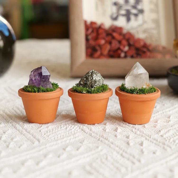 陶盆天然水晶原石宝石桌面迷你工位情绪稳定礼物小摆件矿标石摆件