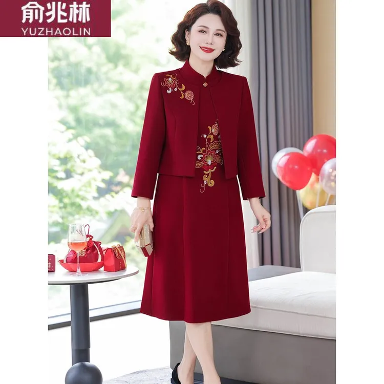 俞兆林妈妈婚宴装春秋冬季连衣裙两件套新款喜服喜婆婆结婚礼服高