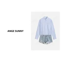 ANGE SUNNY【衬衫叠搭牛仔连体衣】条纹衬衫拼接连体牛仔短裤