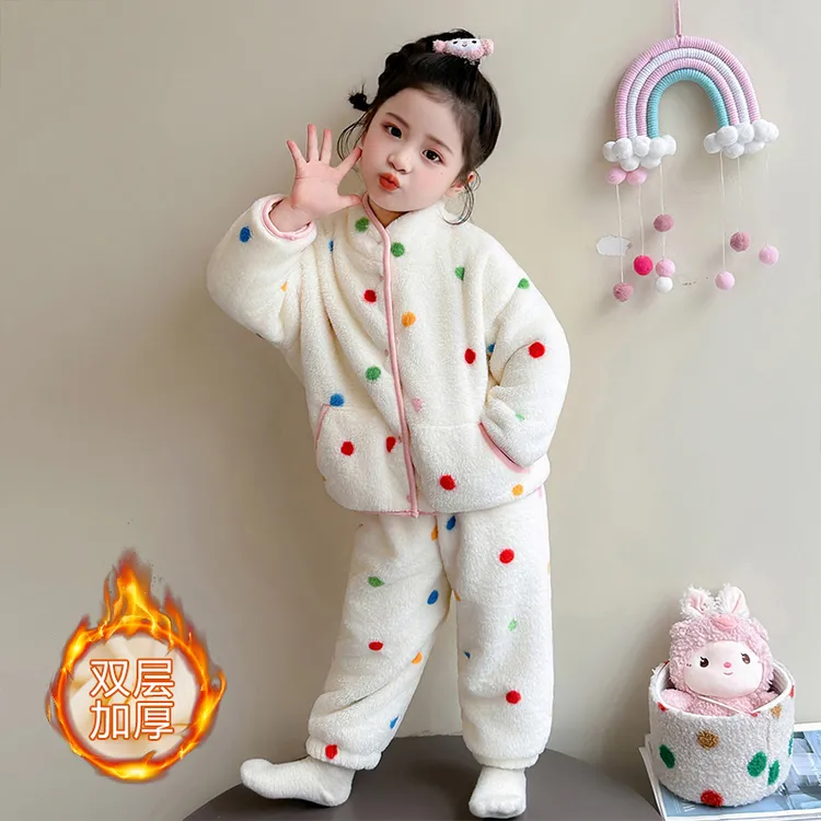 女童珊瑚绒双层加厚睡衣套装冬季加厚保暖波点开衫家居服女孩宝宝