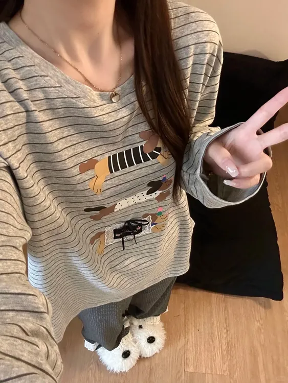 韩系波点腊肠狗蕾丝花边睡衣女春秋季新款大码长袖长裤家居服套装