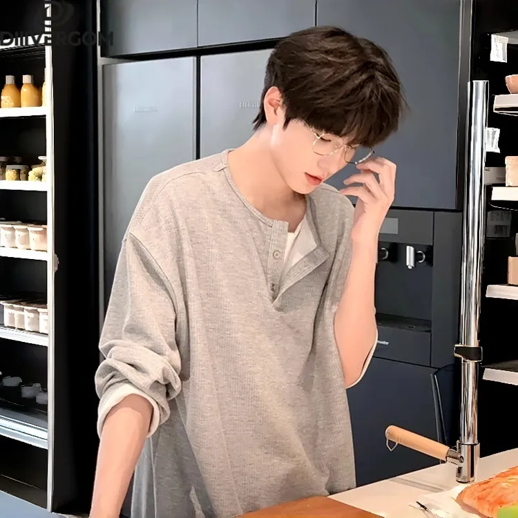 2025秋季新款假两件长袖亨利领男款华夫格爆款卫衣美式内搭打底衫