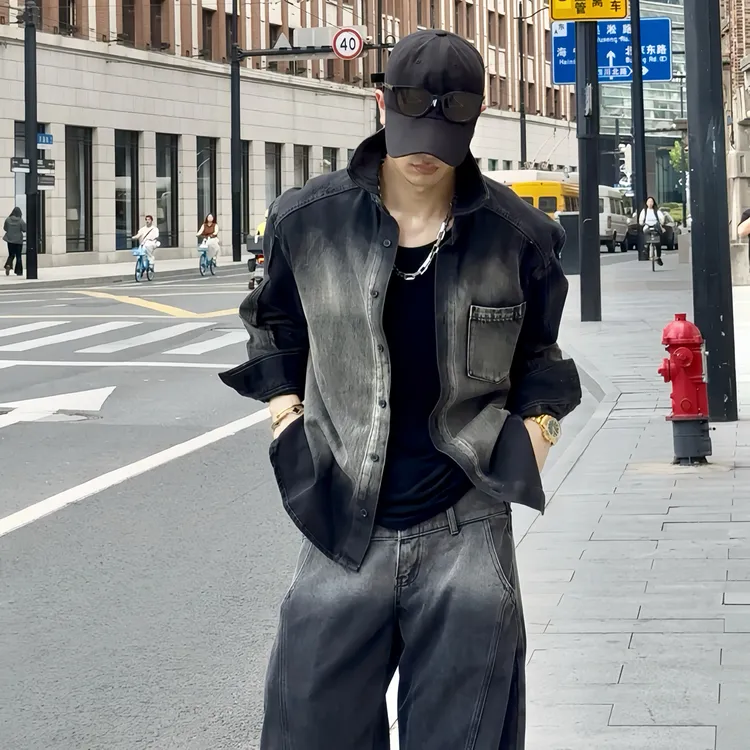 瞎穿的包 秋季小众高级感重工扎染复古撞色牛仔衬衫 氛围感宽松版