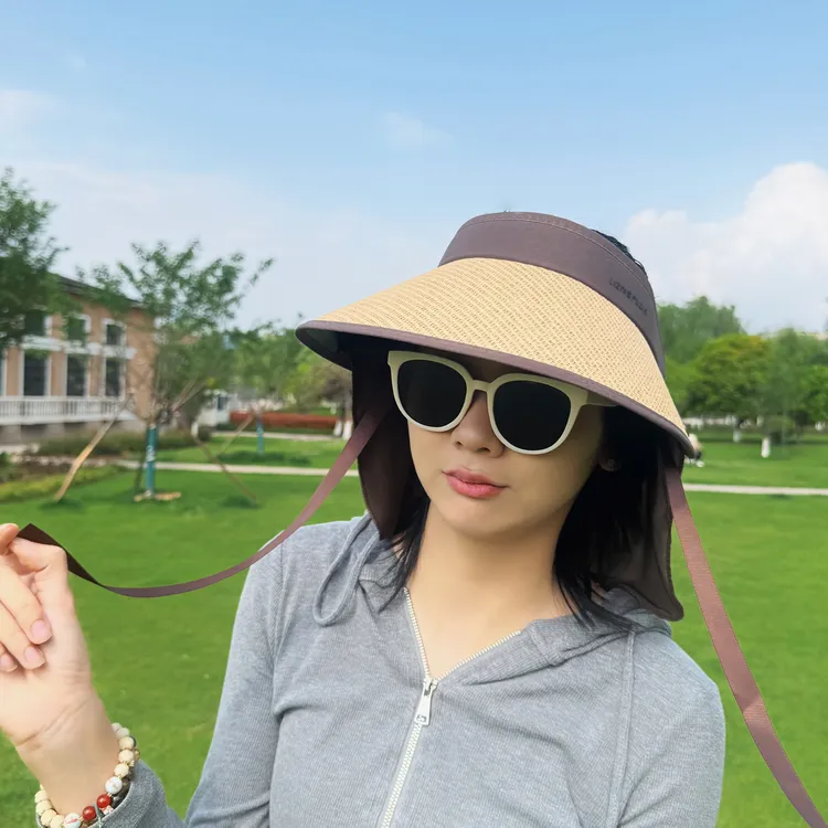 新款防晒女夏护颈防晒户外草编空顶帽
