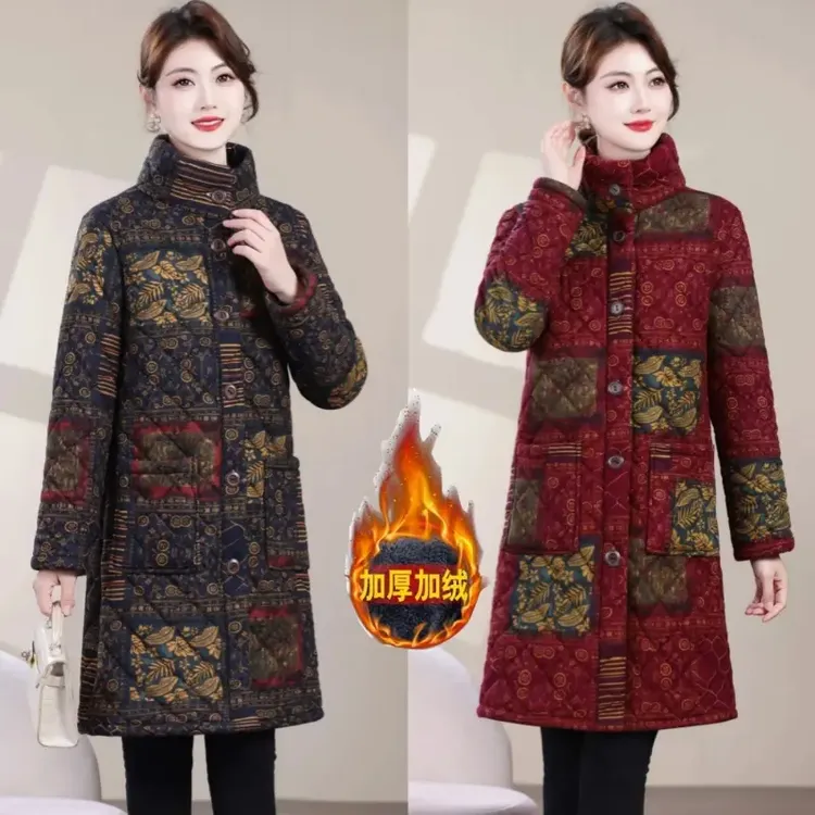 冬季新款加绒加厚棉衣中长款妈妈装时尚减龄中老年立领女保暖棉袄