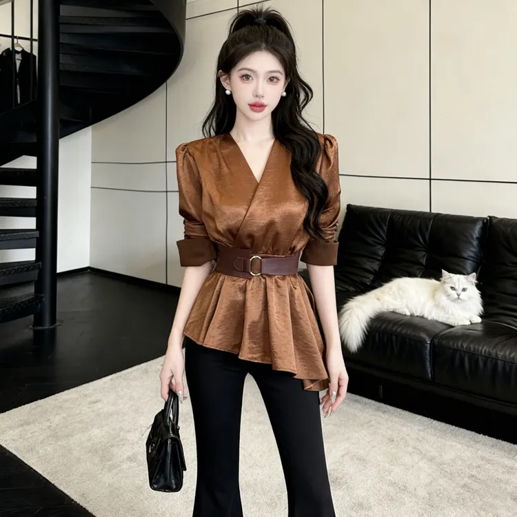 气质V领设计感不规则斜边荷叶边系带收腰显瘦百搭上衣女2355#