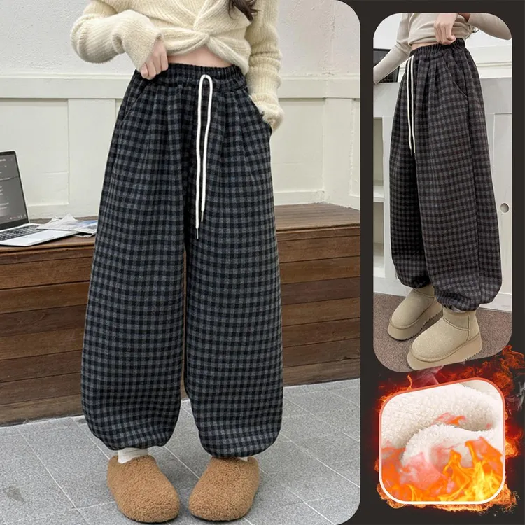 女童加绒卫裤2025款儿童冬季宽松哈伦裤休闲洋气格子裤束脚运动裤