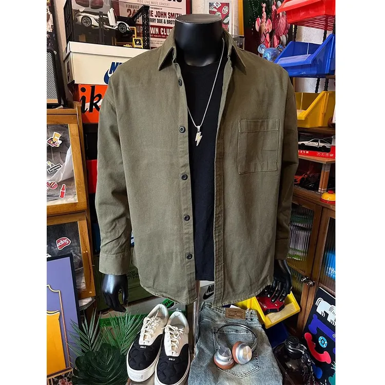 军绿色纯棉工装衬衫男春秋cleanfit美式复古潮牌痞帅长袖衬衣外套