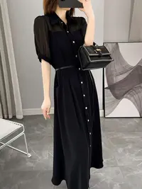 【Y3650】气质优雅翻领短袖连衣裙女新款收腰显瘦通勤裙子