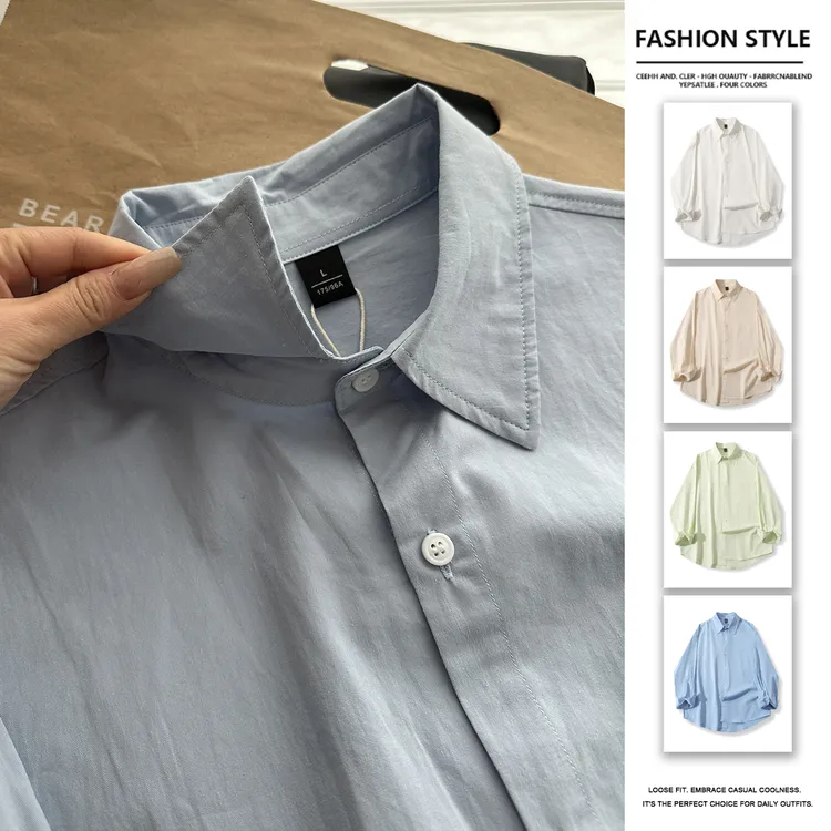 蓝色衬衫男款夏季薄款长袖纯棉衬衫男生穿搭高级感防晒衬衣外套潮