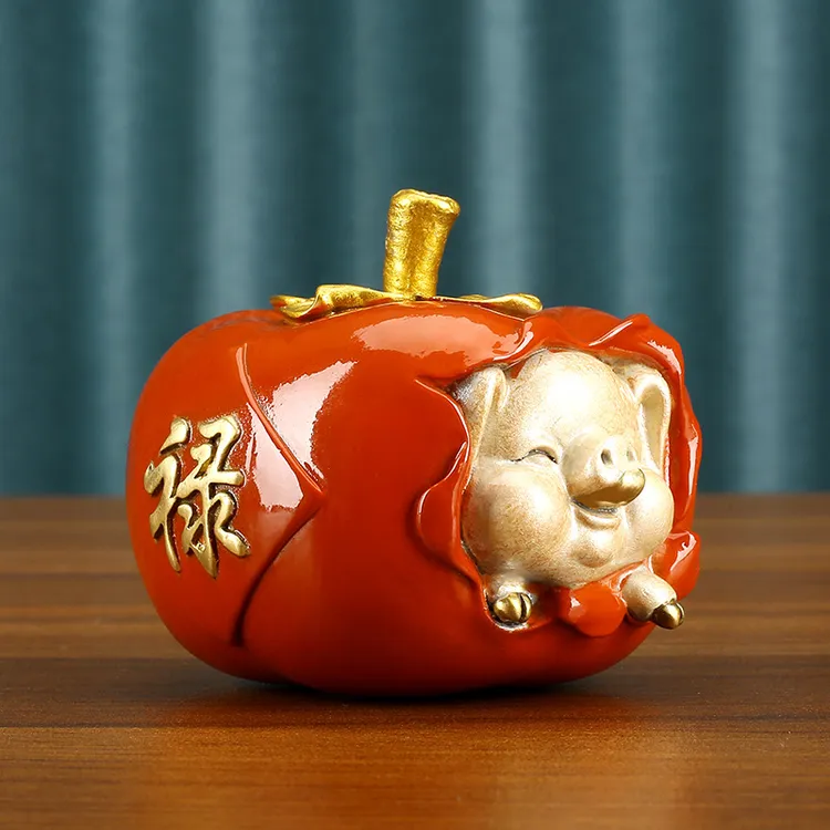 彩铜中式吉祥福猪柿子诸事顺遂摆件桌面饰品生日商务办公家居通用
