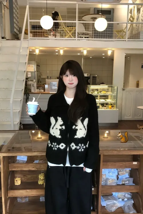 【750克加厚版】韩系慵懒小松鼠提花毛衣宽松针织ins韩风开衫外套