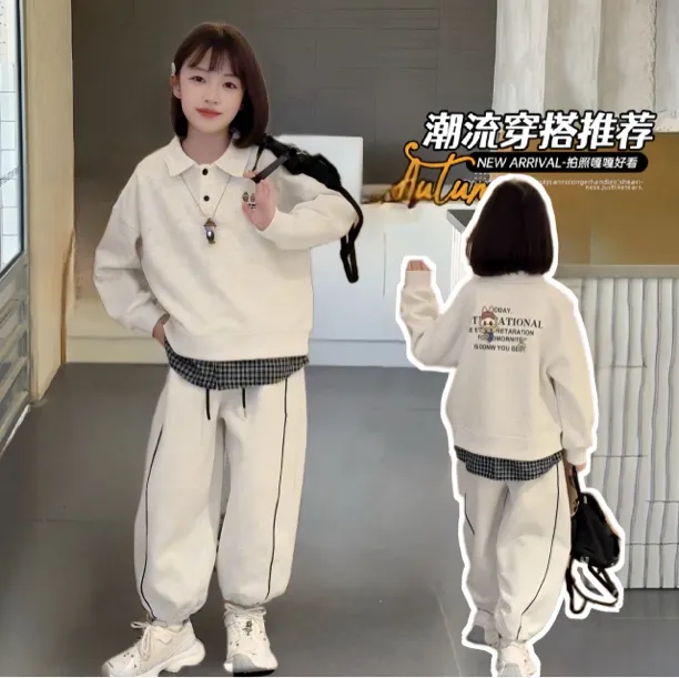 （亲子装）2025新款秋季韩系时尚卡通拼接格子卫衣休闲裤子两件套