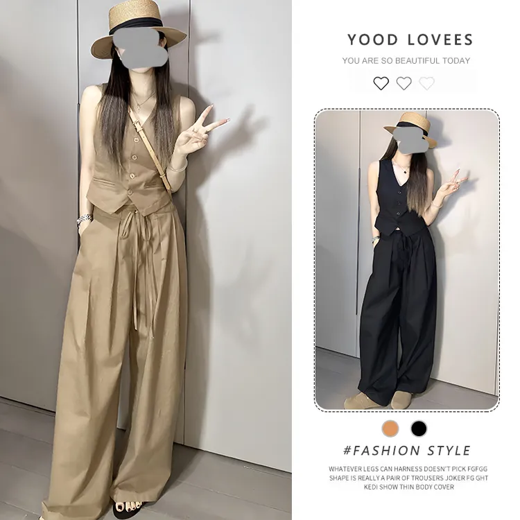 法式辣妹V领修身马甲上衣阔腿休闲长裤女2025夏季新款时尚套装潮