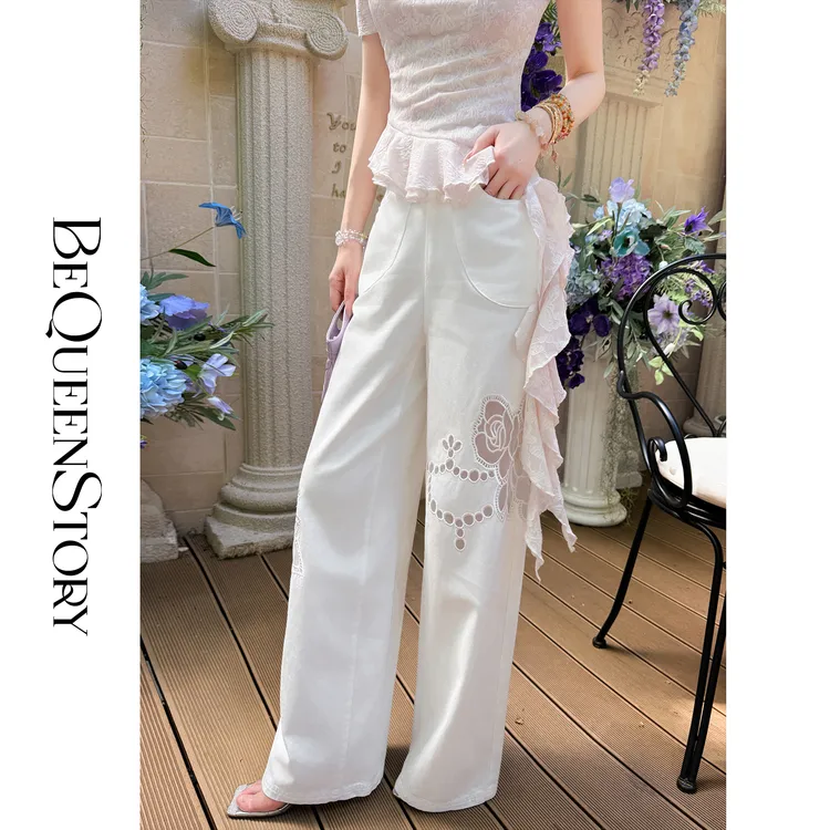 余潇潇【冷面玫瑰】时尚天丝牛仔棉镂空绣花设计感直筒牛仔裤