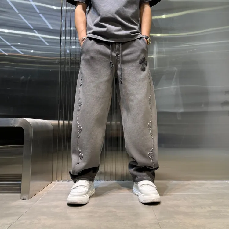 冬季新款男士加绒美式直筒休闲裤重工水洗拼接宽松复古休闲长裤男