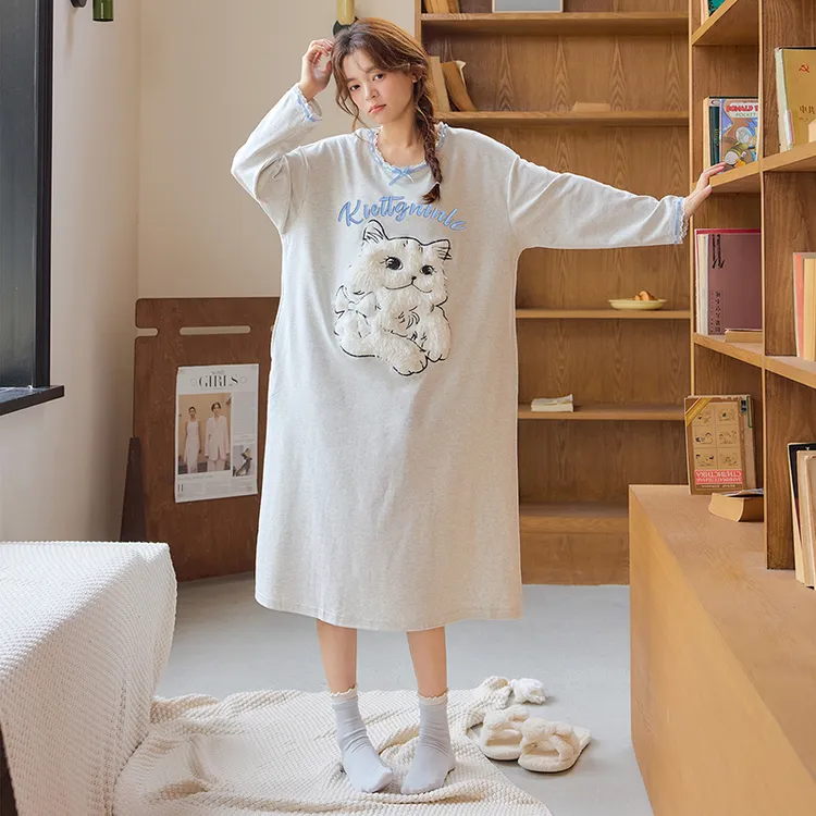 黛梦思耐磨睡衣中长裙秋季印花甜美睡裙卡通家居服春秋季纯棉拉架