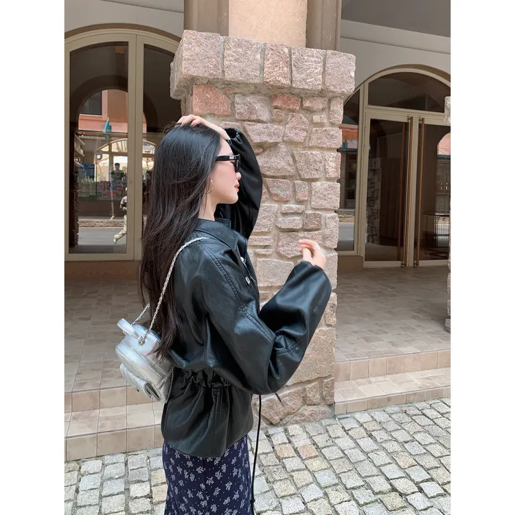 切糕自制【美区留言】小个子初秋流光风酷飒韩系百搭长袖皮衣外套