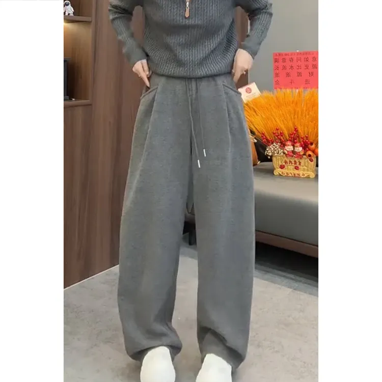 艾塔莉秋冬女休闲百搭宽松卫裤松紧腰阔腿裤慵懒风高腰长款拖地裤