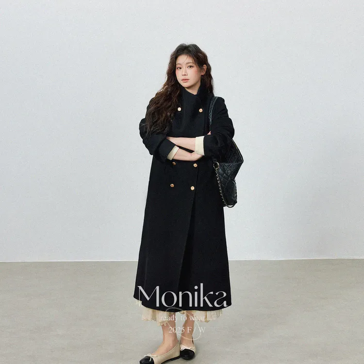 大码女装纯色双排扣直筒型翻领通勤长款气质双面呢黑色外套N9428