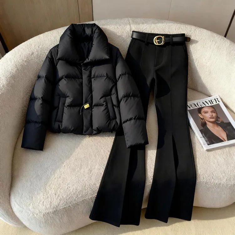 慵懒风显瘦气质保暖棉服秋冬季新款小个子气质百搭黑色微喇裤套装