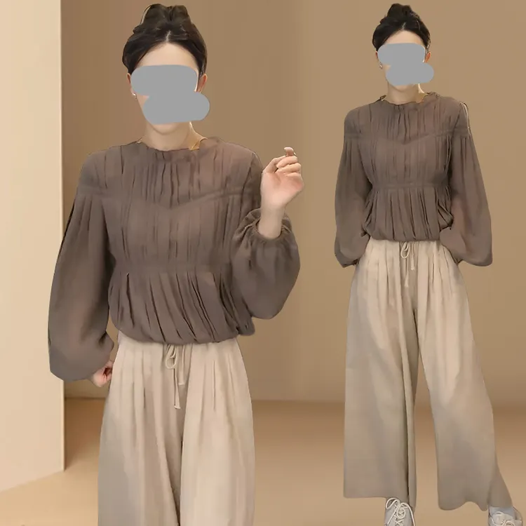 法式轻奢时尚新款压轴褶皱灯笼袖别致衬衣休闲显抽绳瘦阔腿裤套装