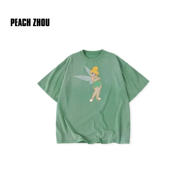 PEACHZHOU 炒盐洗水做旧奇妙仙子Saint印花宽松落肩圆领短袖T恤女