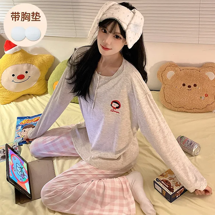 带胸垫睡衣女春秋季长袖长裤薄款套头甜美可爱少女秋款家居服套装