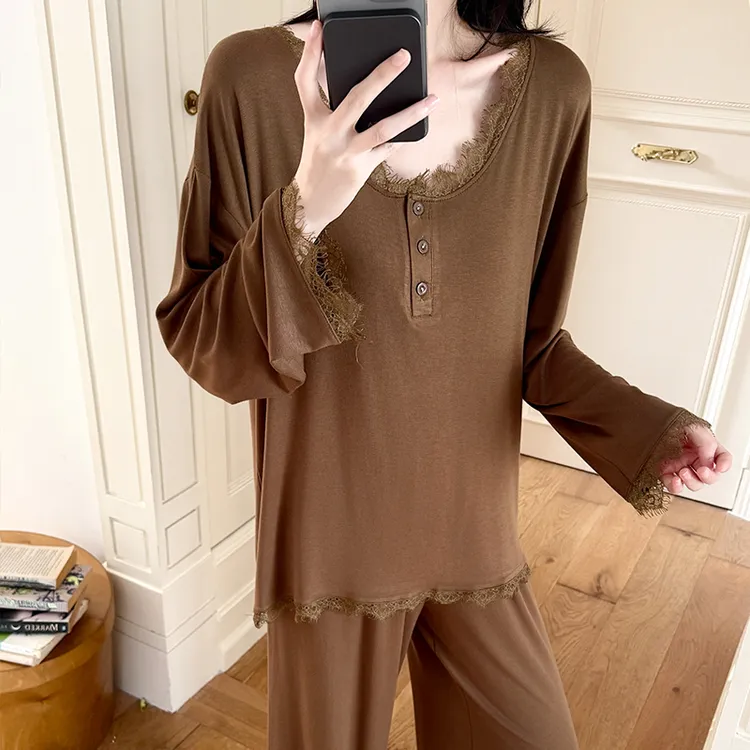 美拉德睡衣女新款春秋季长袖花边扣领莫代尔休闲宽松两件套家居服