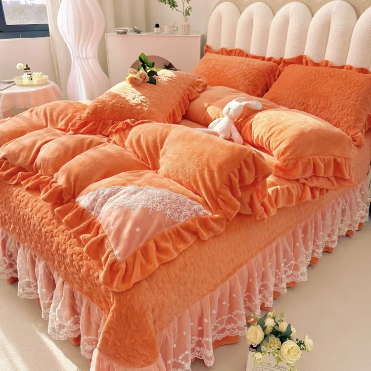 加厚牛奶绒床盖四件套公主风床裙款双面法兰珊瑚绒床单冬季天