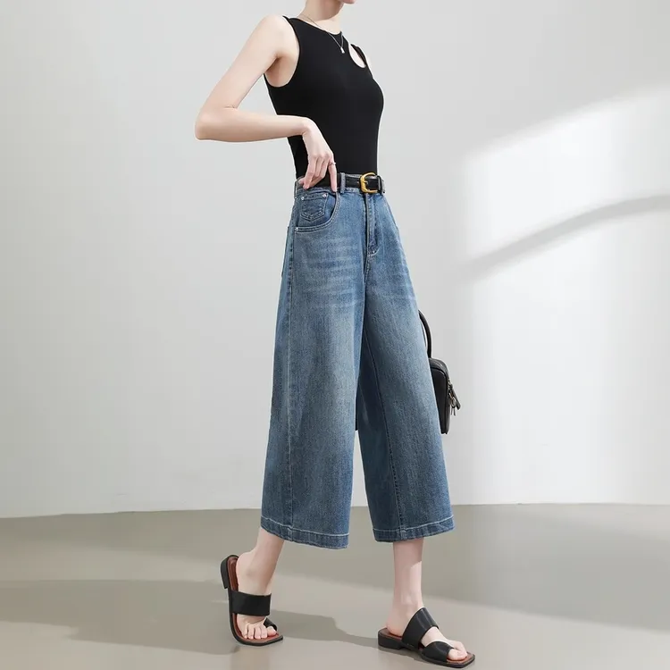 高腰宽松显瘦小个子夏季薄款七分直筒裤八分阔腿复古蓝色牛仔裤女