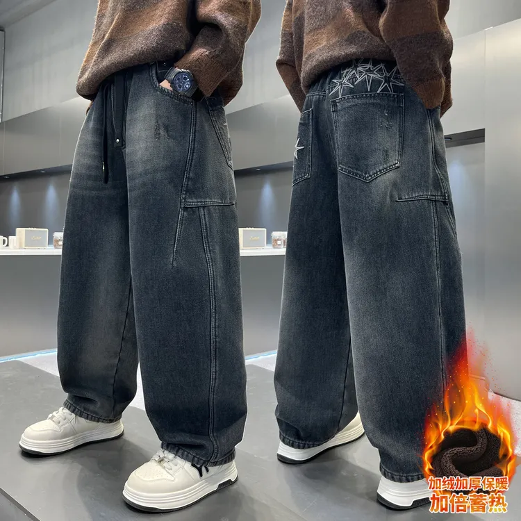 男童加绒裤子2025新款秋冬款儿童装加厚牛仔一体绒男孩冬季大童潮