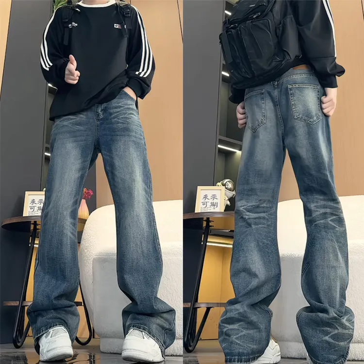 【牛王系列】水洗猫须弧形牛仔裤男秋冬做旧大码宽松直筒阔腿长裤子