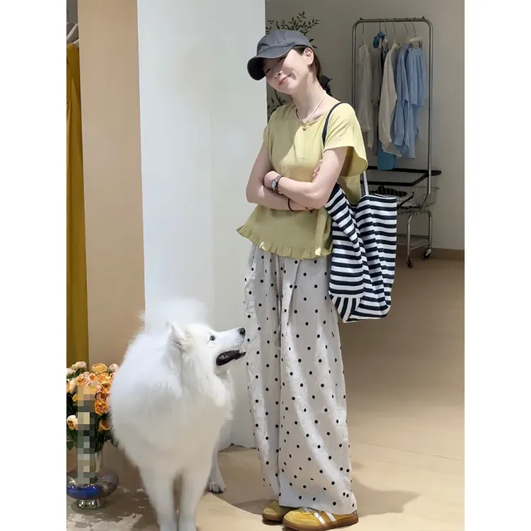 女装夏季新款套装韩系设计感时尚木耳边衬衫宽松显瘦波点休闲裤子