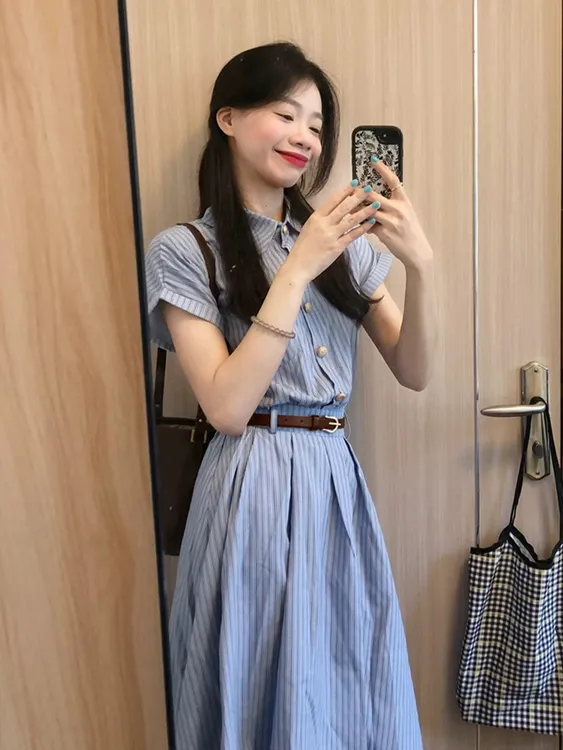 大码胖mm韩系学院风衬衫连衣裙独特漂亮掐腰裙收腰长裙