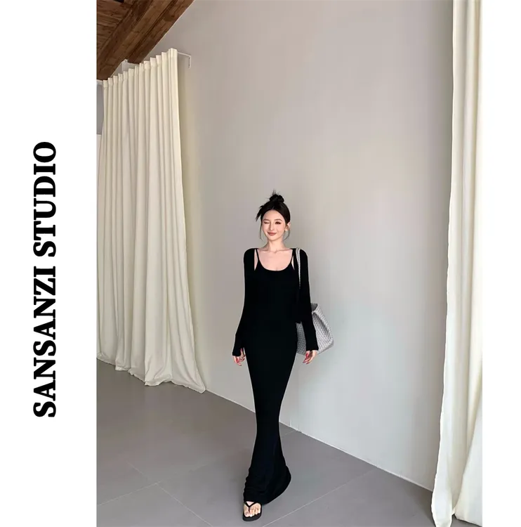 SANSANZI纯欲风套装薄款开衫外套女显身材拖地吊带裙两件套装