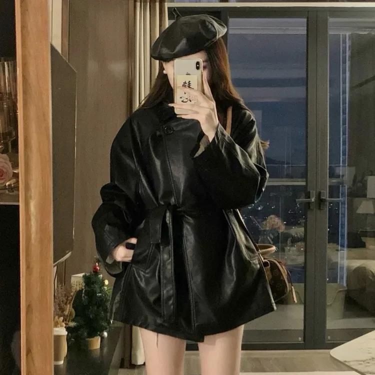 美式复古PU皮风衣夹克女潮秋冬新款宽松显瘦绑带收腰翻领皮衣外套